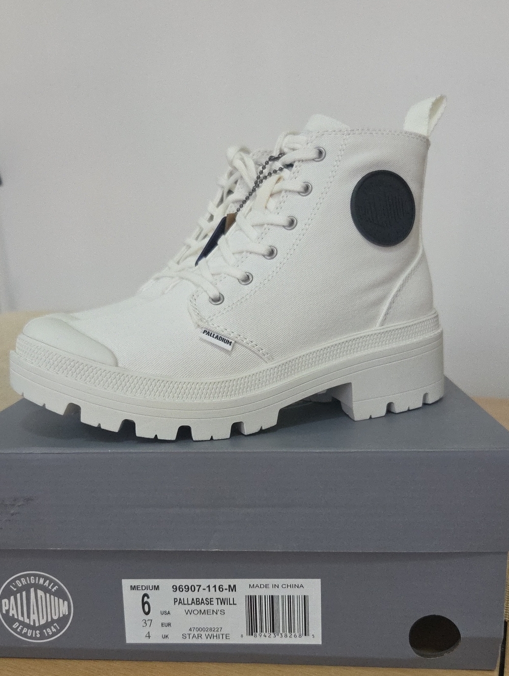 Palladium Women's Lace-Up Canvas Ankle Boot in Star White with Black Logo